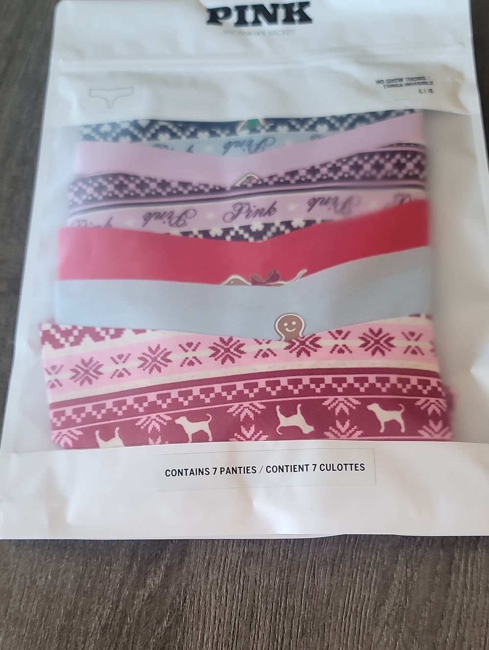 Victoria's Secret Pink 7 Pack No Show Thong Panties HOLIDAY CHRISTMAS LARGE